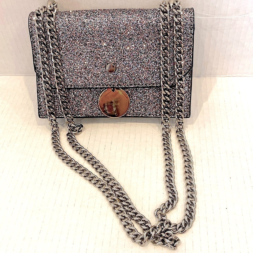 Evening Bag with lots of sparkle in pink/lilac Crossbody Bag w adjustable Chain